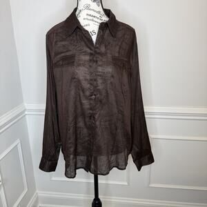 Chico’s Women’s Blouse Size 2( L-12) Brown Semi-Sheer Roll Tab Sleeves Button-Up